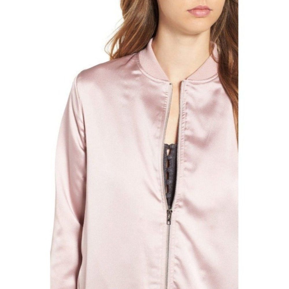 Missguided Bomber Jacket Pink ‎ Satin Long Jacket Size 8 (Medium)